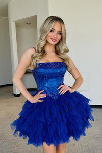 Cute A Line Straps Royal Blue Ruffled Tulle Homecoming Dresses with Beading VK073136