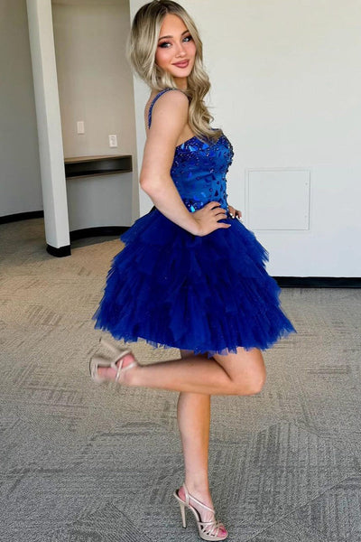 Cute A Line Straps Royal Blue Ruffled Tulle Homecoming Dresses with Beading VK073136