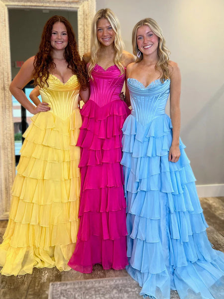 Sweet A Line Sweetheart Floral Printed Chiffon Tiered Prom Dresses with Slit VK24120402