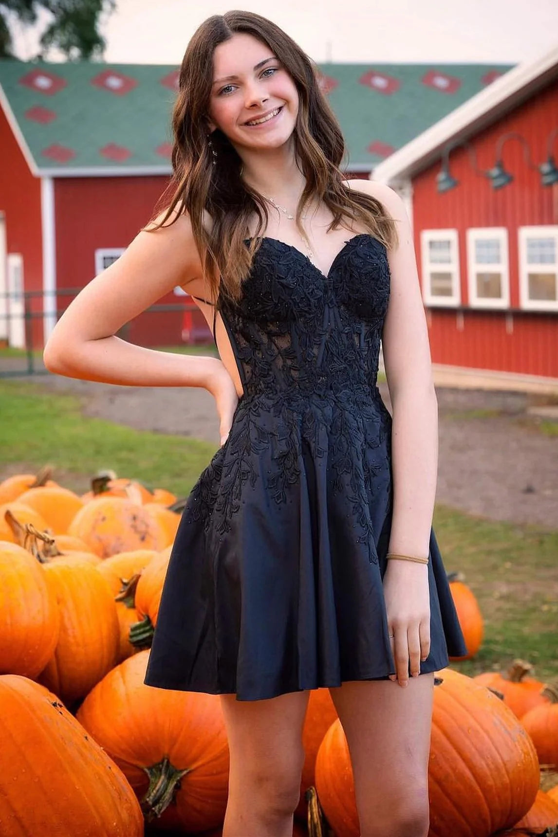 Cute A Line V Neck Black Satin Short Homecoming Dresses with Appliques VK24082304-1