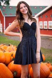 Cute A Line V Neck Black Satin Short Homecoming Dresses with Appliques VK24082304-1