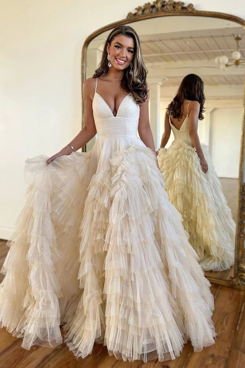 Cute A Line V Neck Champagne Tulle Long Prom Dresses VK23012302