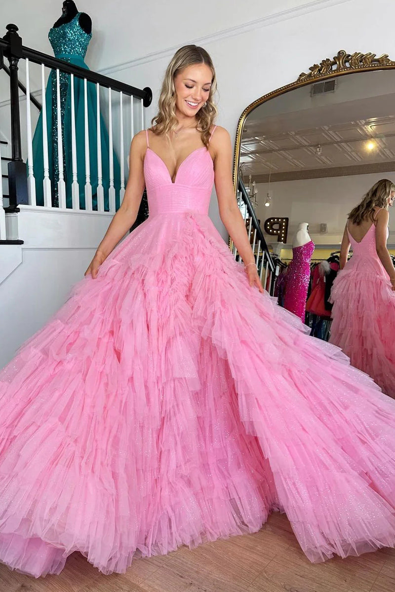 Cute A Line V Neck Pink Tulle Long Prom Dresses VK23020103 – Vickidress