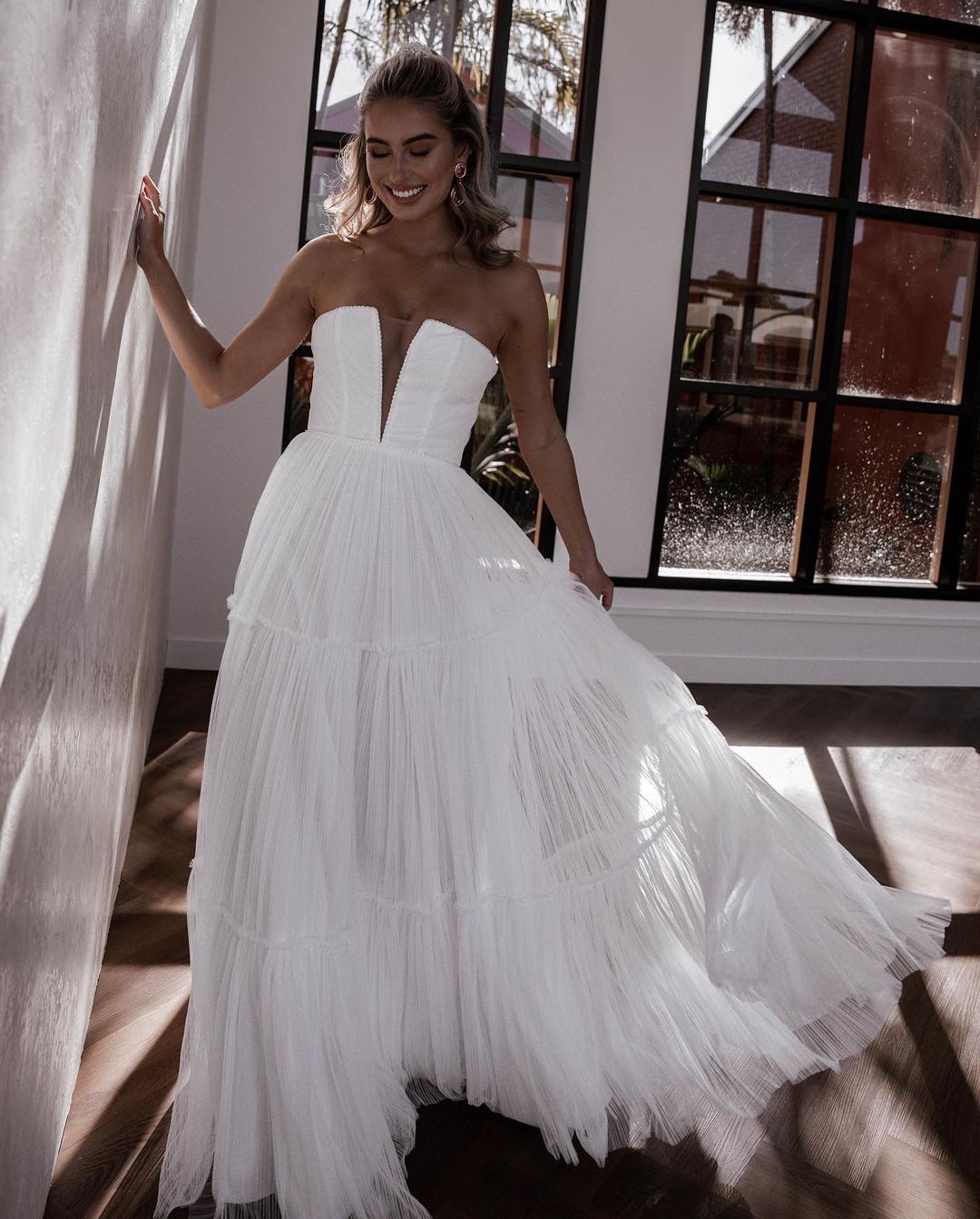 Cute A Line V Neck White Tulle Tiered Wedding Dresses VK0731116-1