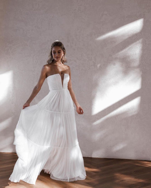 Cute A Line V Neck White Tulle Tiered Wedding Dresses VK0731116-2