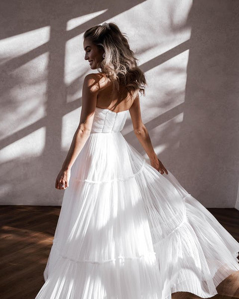 Cute A Line V Neck White Tulle Tiered Wedding Dresses VK0731116-3