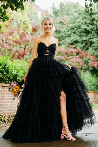 Cute Ball Gown Black Sweetheart Tiered Tulle Long Prom Dresses with Bows VK0731152-1