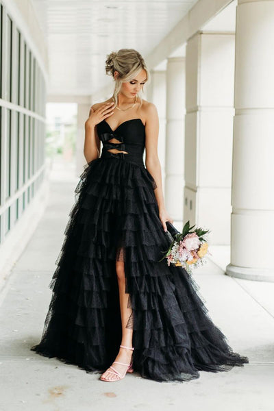 Cute Ball Gown Black Sweetheart Tiered Tulle Long Prom Dresses with Bows VK0731152-3