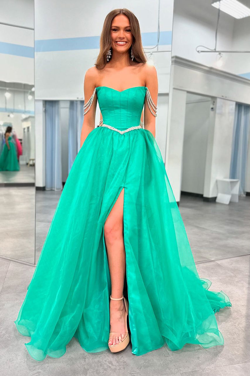 Cute Ball Gown Strapless Green Tulle Beaded Long Prom Dresses with Slit VK240731139-1