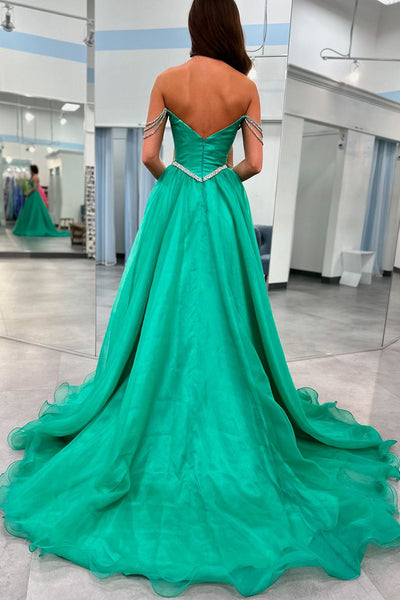 Cute Ball Gown Strapless Green Tulle Beaded Long Prom Dresses with Slit VK240731139-2