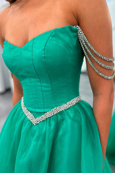 Cute Ball Gown Strapless Green Tulle Beaded Long Prom Dresses with Slit VK240731139-3