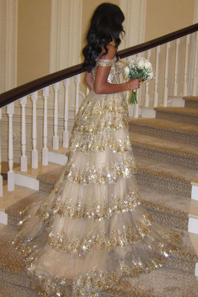 Cute Ball Gown Sweetheart Gold Sequins Tiered Long Prom Dresses VK073195-2