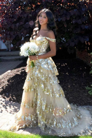 Cute Ball Gown Sweetheart Gold Sequins Tiered Long Prom Dresses VK073195