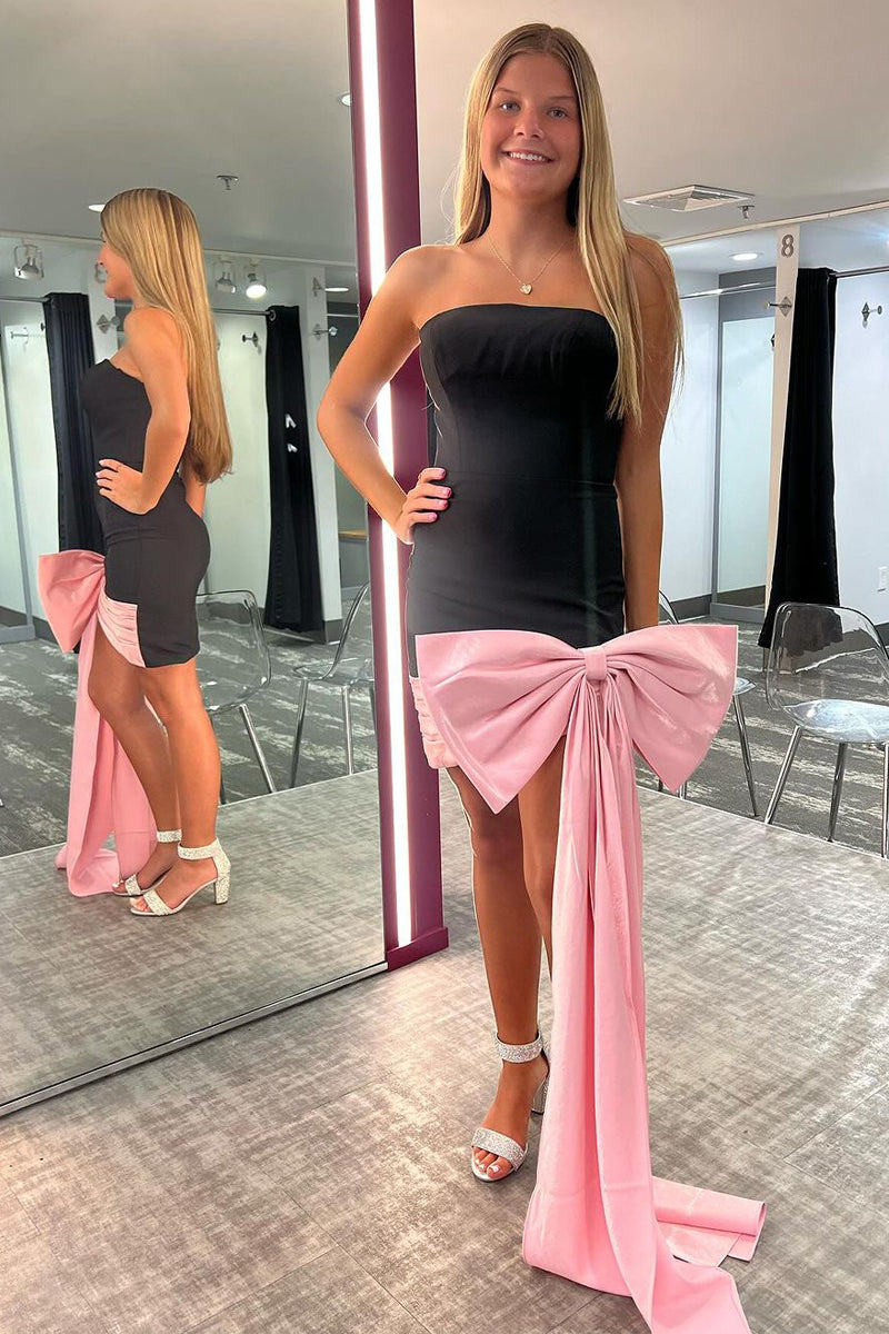 Cute Bodycon Black Satin Short Homecoming Dresses with Big Bow VK073137