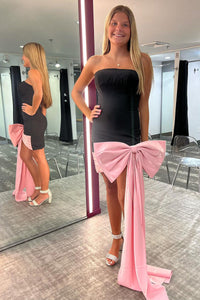 Cute Bodycon Black Satin Short Homecoming Dresses with Big Bow VK073137
