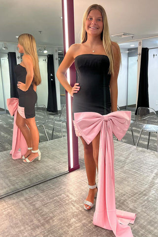 Cute Bodycon Black Satin Short Homecoming Dresses with Big Bow VK073137