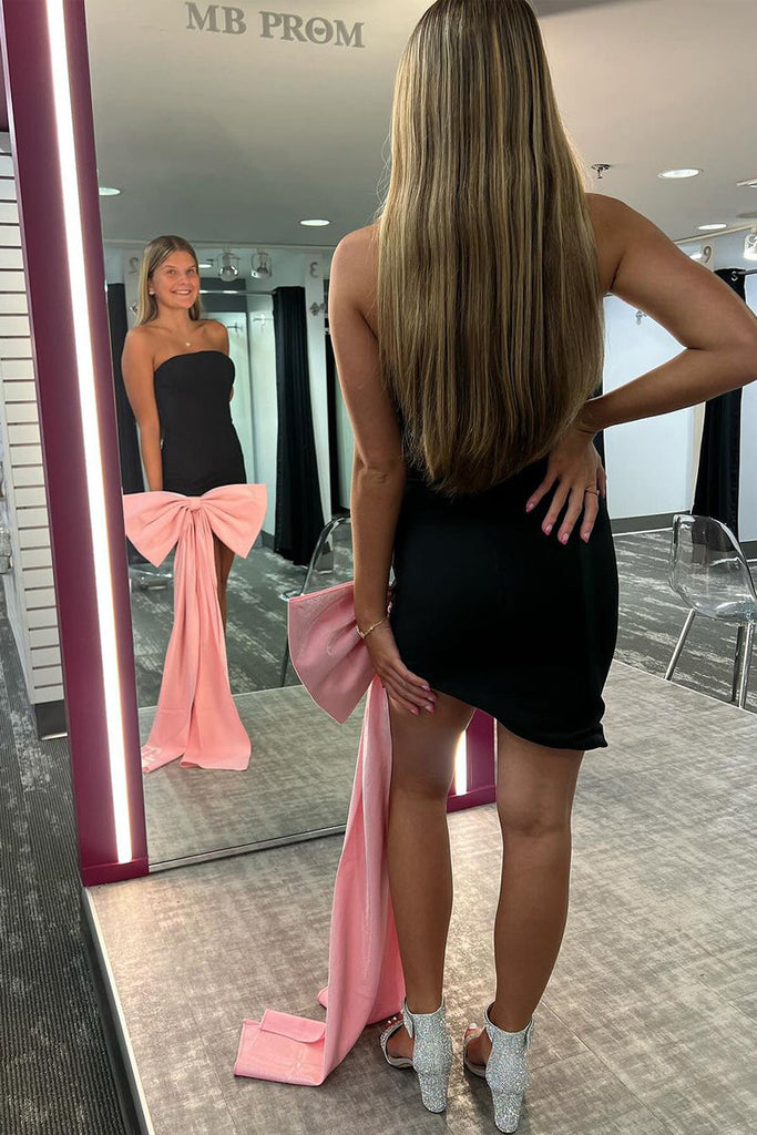 Cute Bodycon Black Satin Short Homecoming Dresses with Big Cute Bodycon Black Satin Short Homecoming Dresses with Big