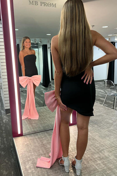 Cute Bodycon Black Satin Short Homecoming Dresses with Big Bow VK073137