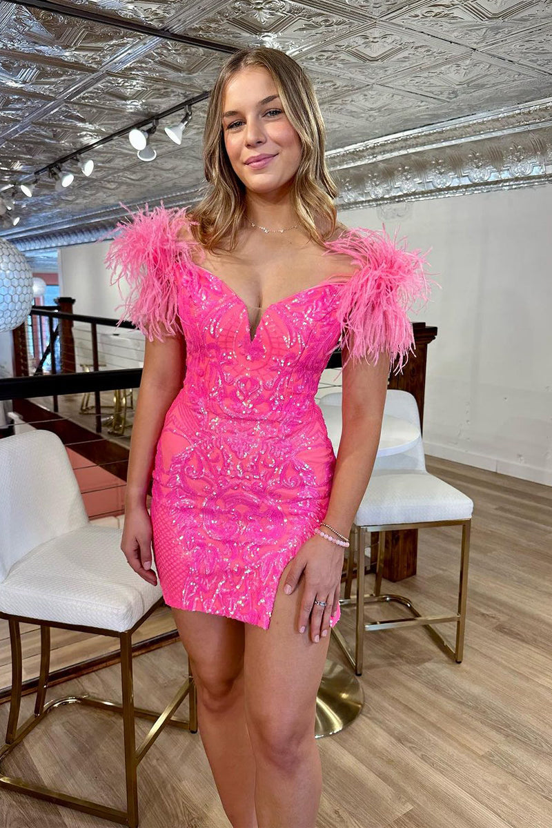 Cute Bodycon Off the Shoulder Hot Pink Sequins Homecoming Dresses with Feather VK073131