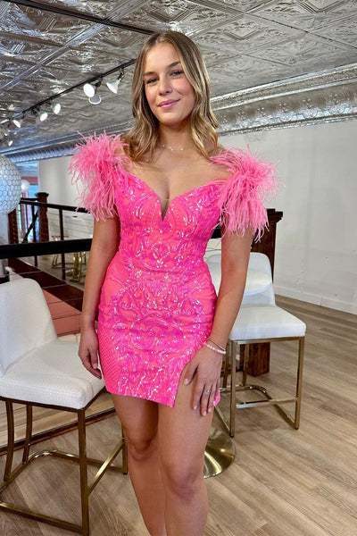 Cute Bodycon Off the Shoulder Hot Pink Sequins Lace Homecoming Dresses with Feather VL073190-1