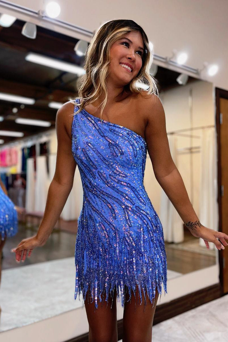 Cute Bodycon One Shoulder Blue Sequin Long Prom Dresses with Beading VK24021405-1