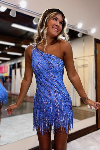 Cute Bodycon One Shoulder Blue Sequin Long Prom Dresses with Beading VK24021405-1