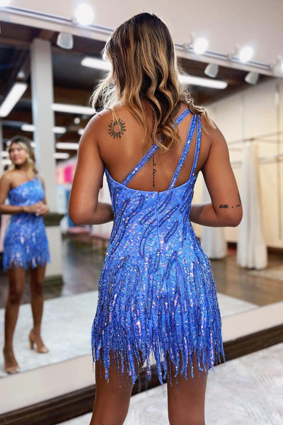 Cute Bodycon One Shoulder Blue Sequin Long Prom Dresses with Beading VK24021405-2