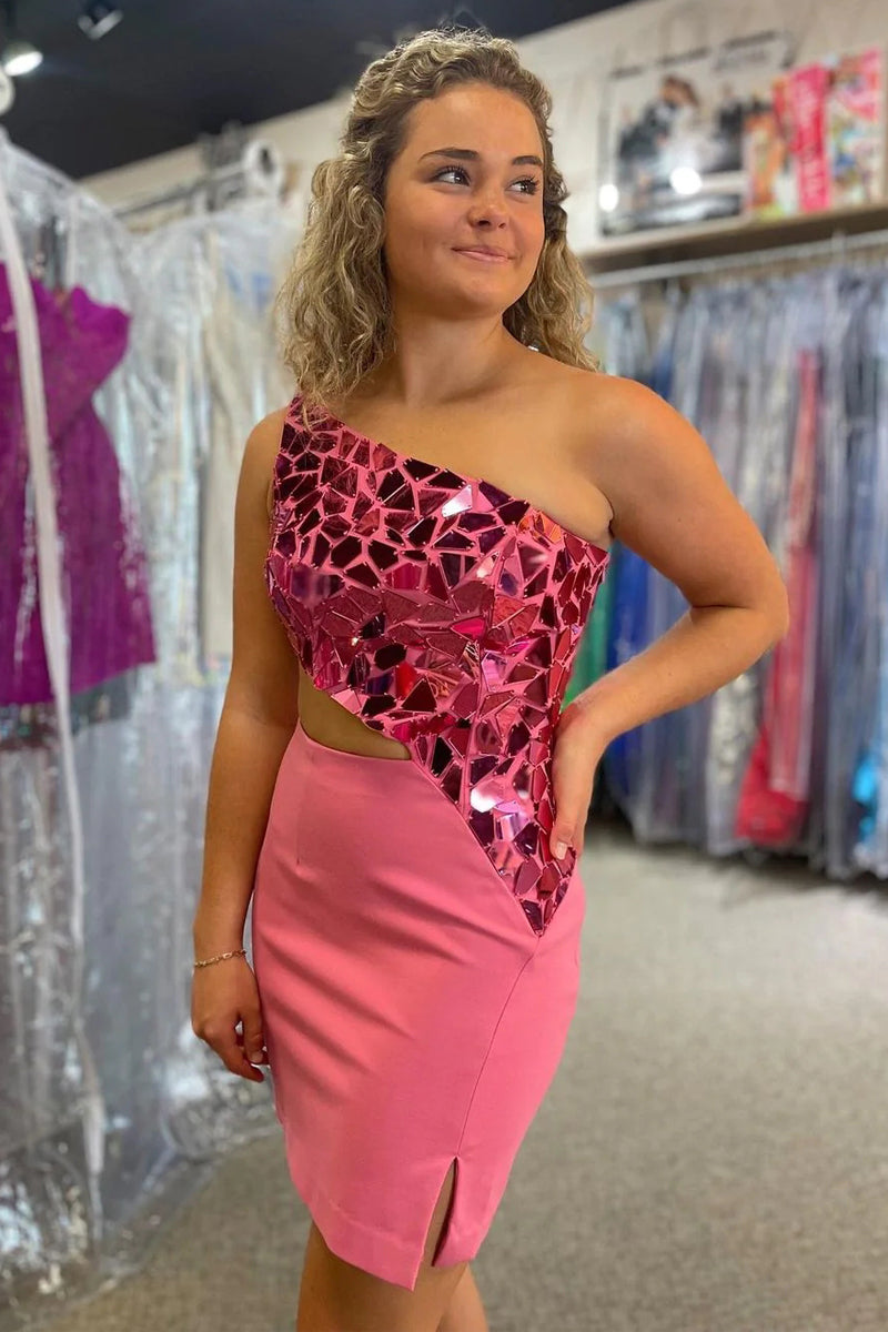 Cute Bodycon One Shoulder Coral Elastic Satin Short homecoming Dresses with Glass Mirror VK23060401-1