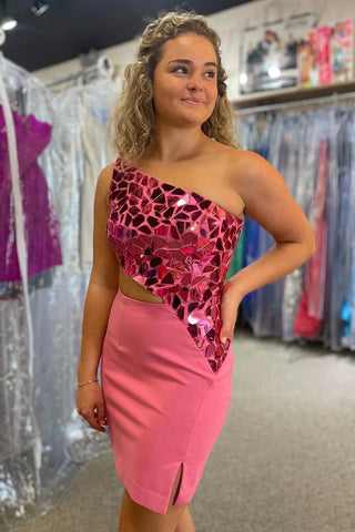 Cute Bodycon One Shoulder Coral Elastic Satin Short homecoming Dresses with Glass Mirror VK23060401-1