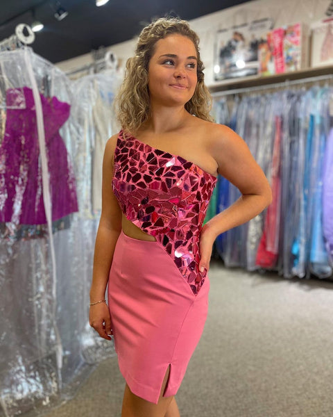 Cute Bodycon One Shoulder Coral Elastic Satin Short homecoming Dresses with Glass Mirror VK23060401-2