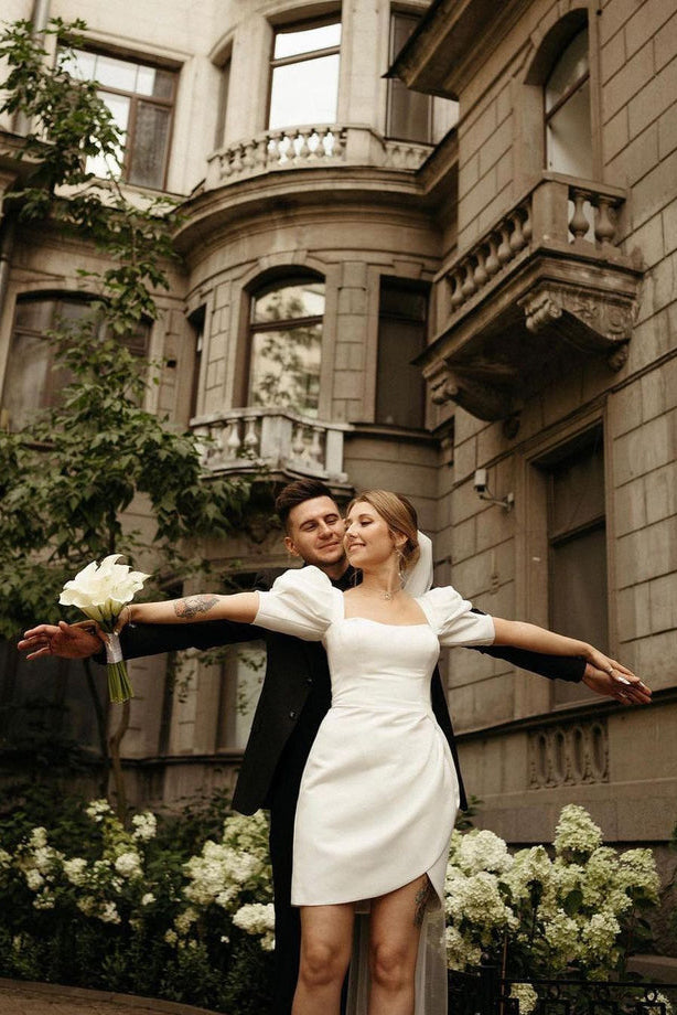 Cute Bodycon Square Neck Satin Short Wedding Dresses with Lantern Sleeves  VK23062004 – Vickidress