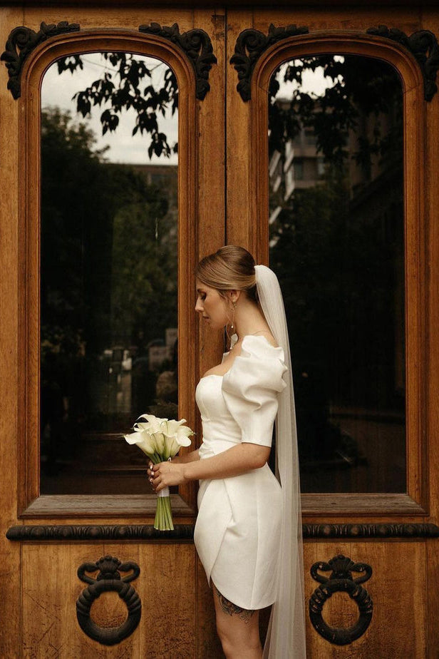 long sleeve wedding reception dress Gorgeous Lace Satin Sheath Bridal Gown With Train The GL3530 is a breathtaking A V Neck Plunging Puff Long