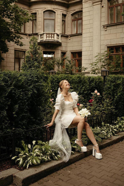 Cute Bodycon Square Neck Satin Short Wedding Dresses with Lantern Sleeves VK23062004-4