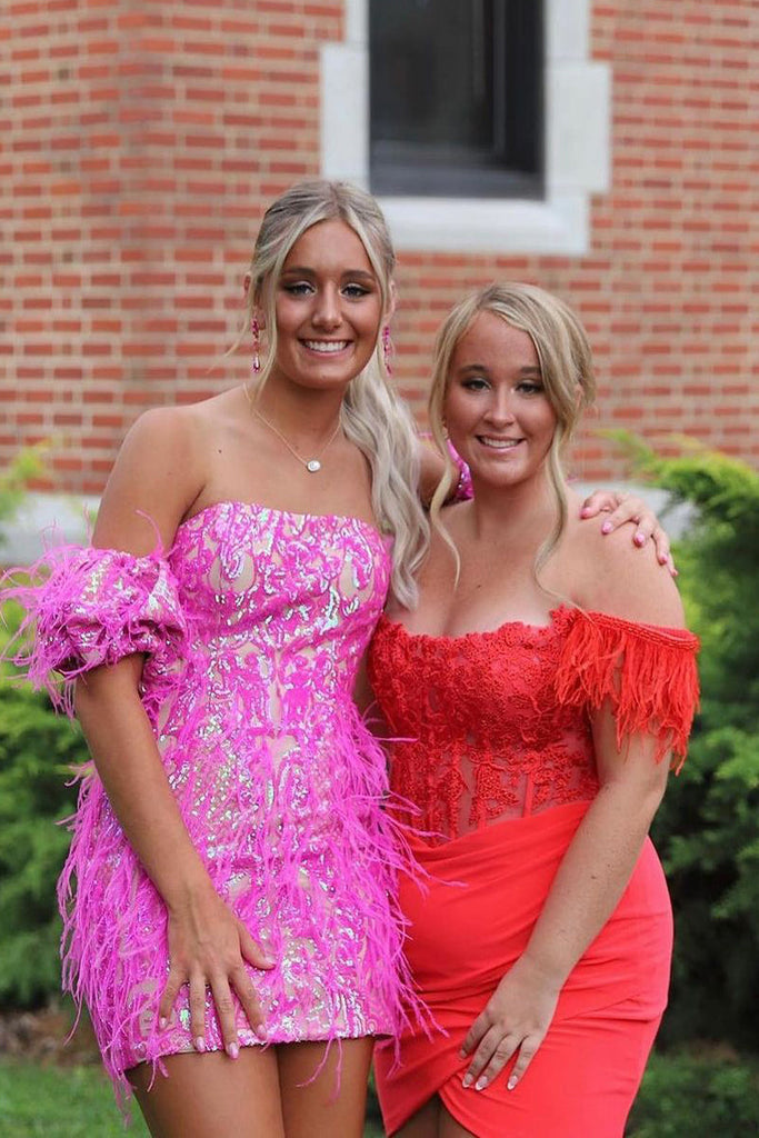 Cute Bodycon Strapless Hot Pink Sequins Homecoming Dresses with Feathe –  Vickidress