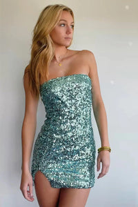 Cute Bodycon Strapless Sage Green Sequins Short Homecoming Dresses VK24082318-1