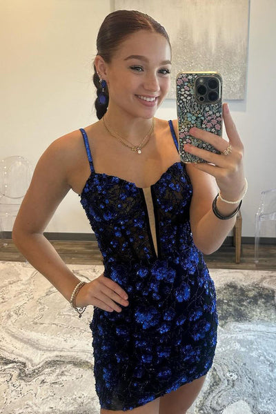 Cute Bodycon Sweetheart  Royal Blue Sequins Short Homecoming Dresses AB24081701-3