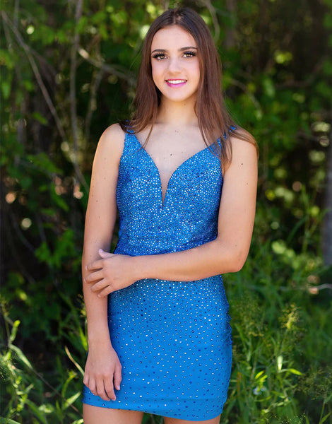 Cute Bodycon V Neck Blue Sparkly Tight Short Homecoming Dresses VK24082320-3