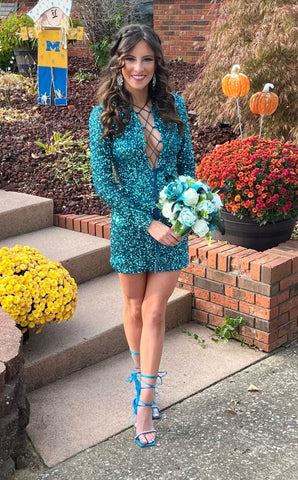 Cute Bodycon V Neck Dark Green Sequins Short Homecoming Dresses with Straps VK24082313-1