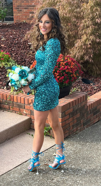 Cute Bodycon V Neck Dark Green Sequins Short Homecoming Dresses with Straps VK24082313-2