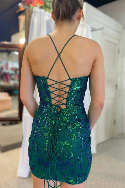 Cute Bodycon V Neck Green Sequins Short Homecoming Dresses VK24082319-3-5