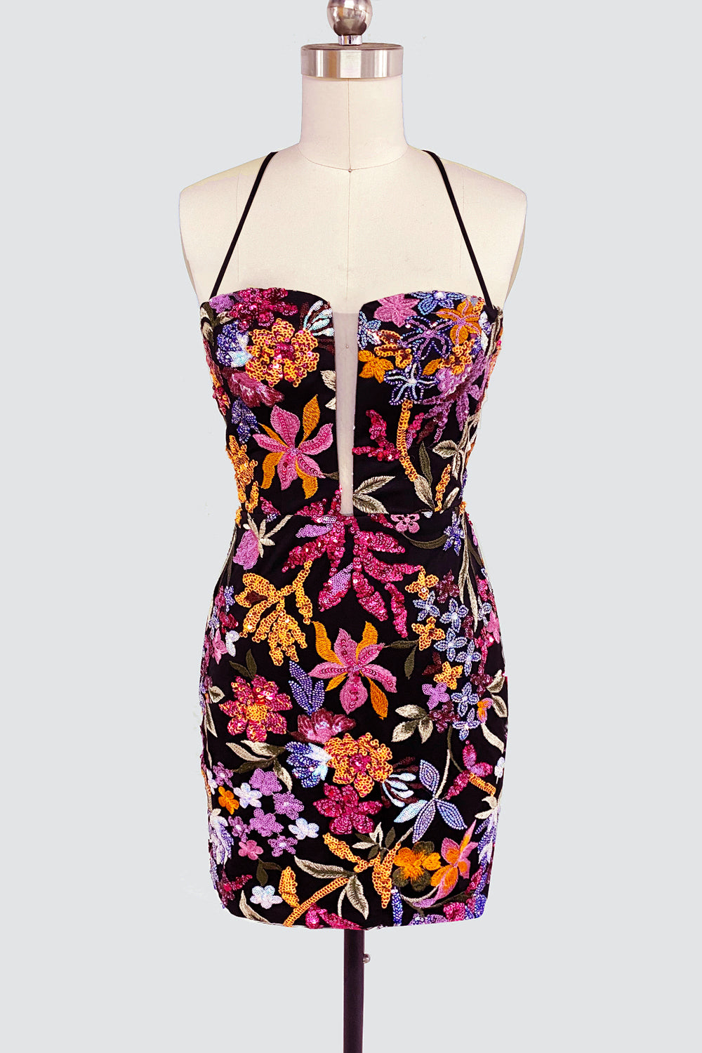 Cute Bodycon V Neck Lace Sequins Short Tight Homecoming Dresses VK24081409-1