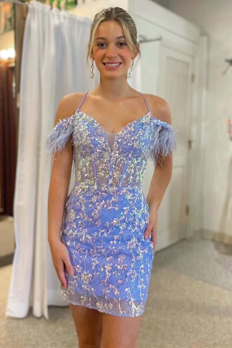 Cute Bodycon V Neck Light Blue Sequins Short Homecoming Dresses VK24082319-1