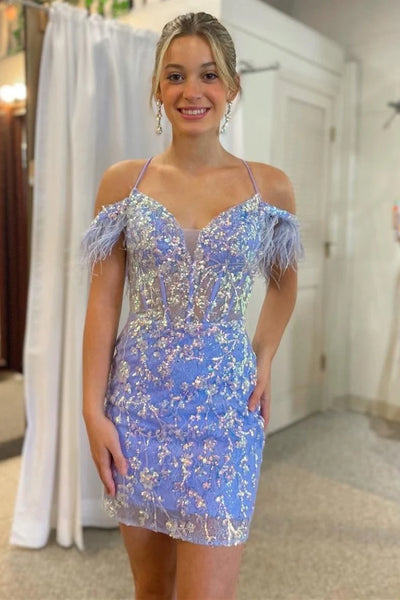 Cute Bodycon V Neck Light Blue Sequins Short Homecoming Dresses VK24082319-1