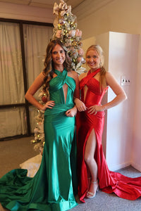 Cute Mermaid Halter Green Satin Slit Prom Dress VK1322808-1