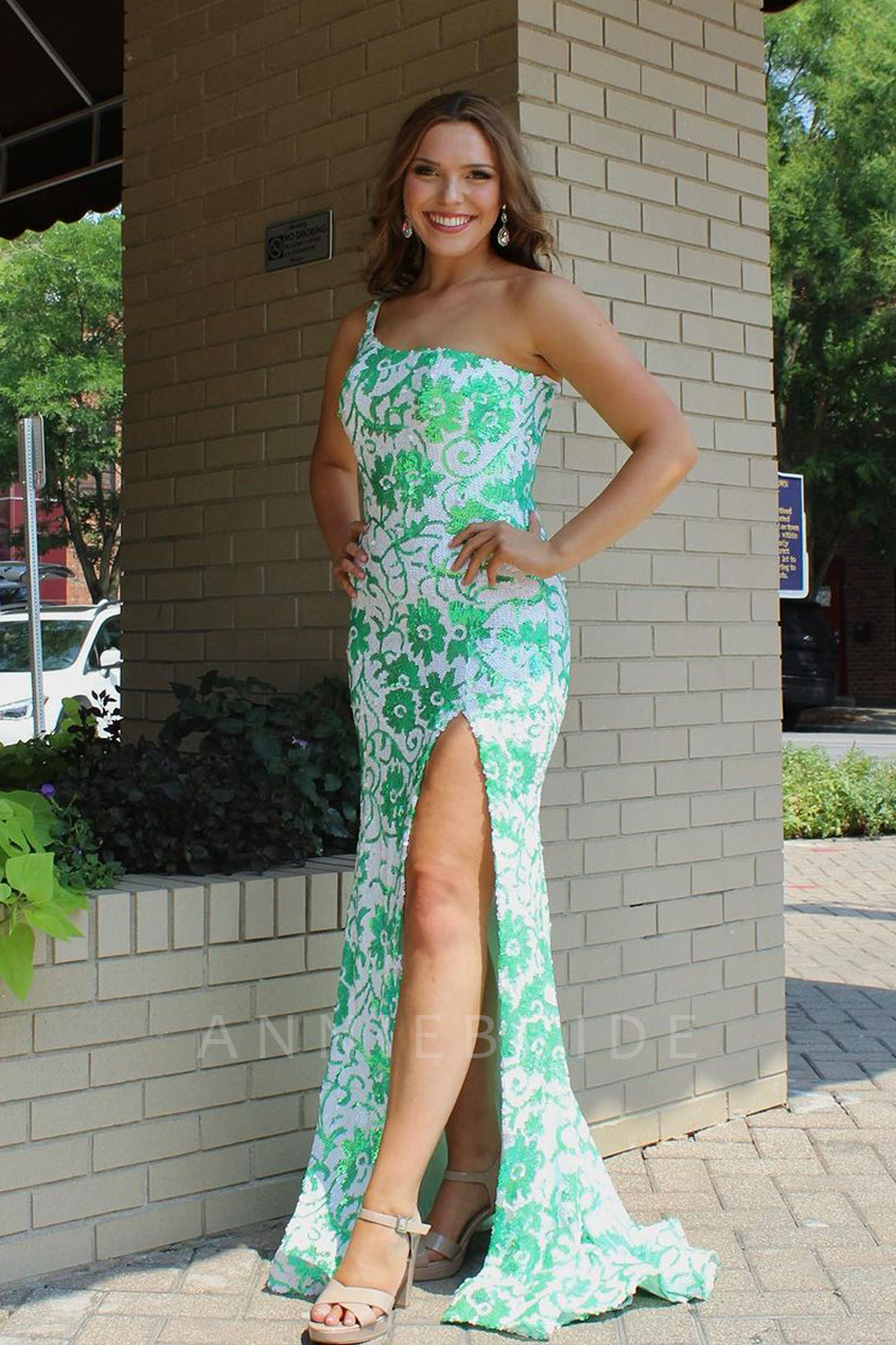 Cute Mermaid One Shoulder Green White Sequins Prom Dresses with Slit VK24091306