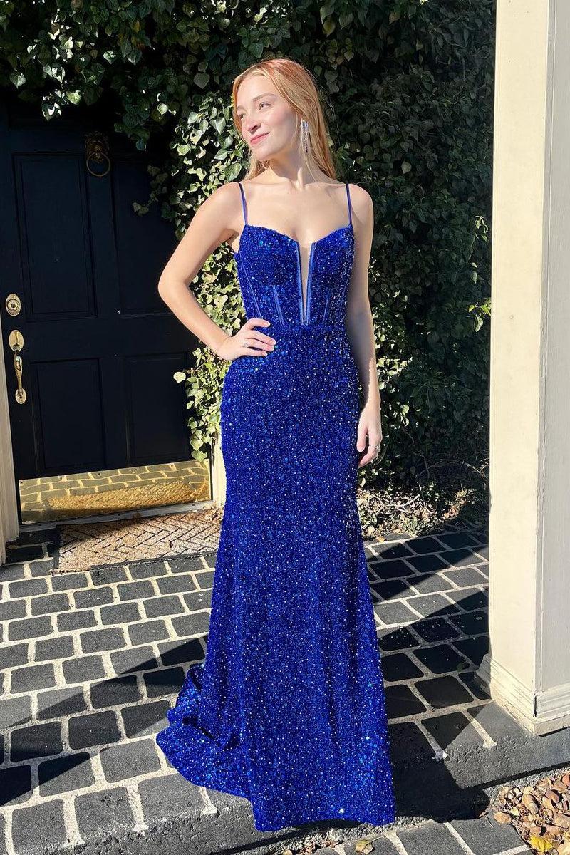 Cute Mermaid Royal Blue Sequins Spaghetti Straps Long Prom Dresses VK0731149-1