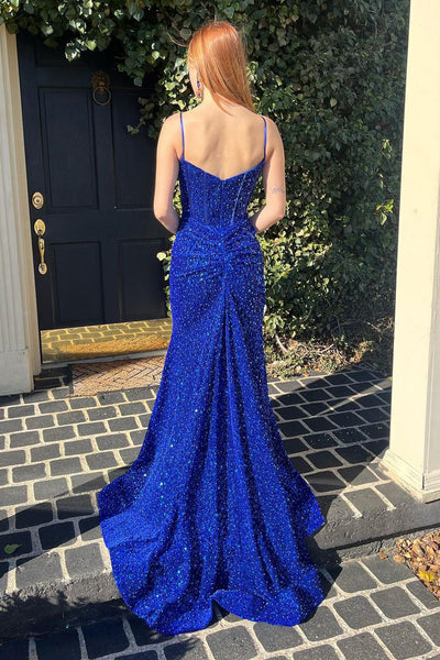Cute Mermaid Royal Blue Sequins Spaghetti Straps Long Prom Dresses VK0731149-2