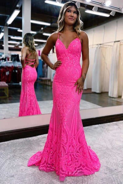 Cute Mermaid Royal Blue V Neck Sequin Lace Long Prom Dresses VK23112405