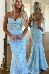 Cute Mermaid Sweetheart Light Blue Lace Long Prom Dresses VK23051204
