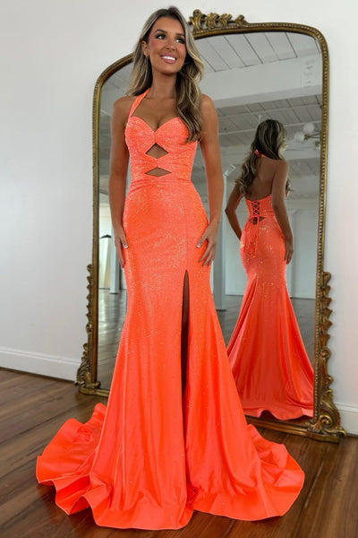 Cute Mermaid Sweetheart Neck Orange Hot Fix Satin Prom Dress with Slit 